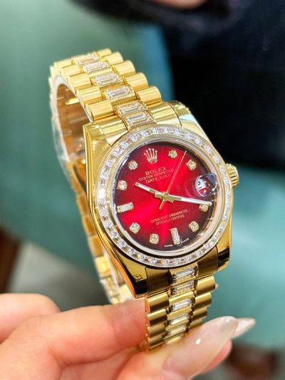 Rolex Datejust 31mm Red Sunburst Dial 18K Gold President Bracelet Lady Watch